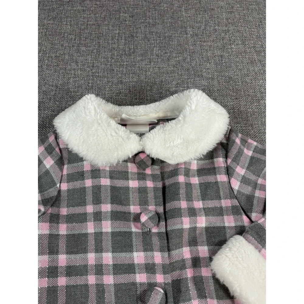Sweet Heart Rose Baby Girl Plaid Dress and Coat Set 12M Pink Grey Faux Fur Trim